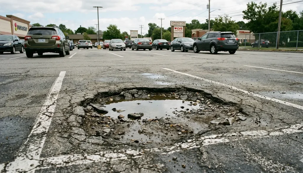 Pothole filled with water in parking lot