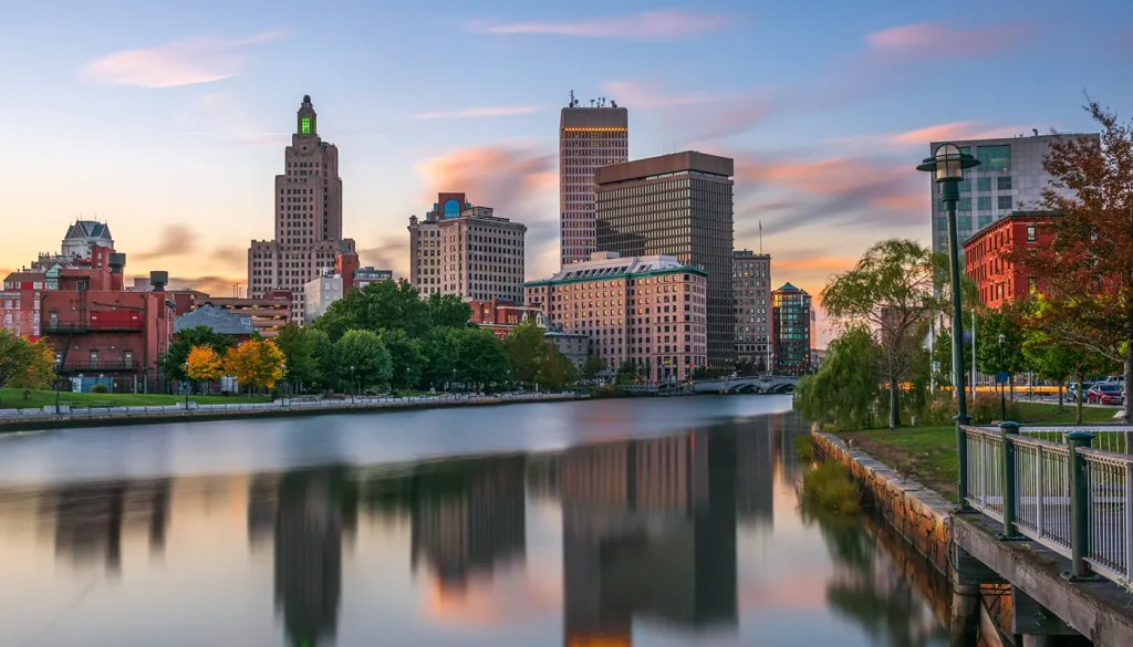 City skyline reflecting on water